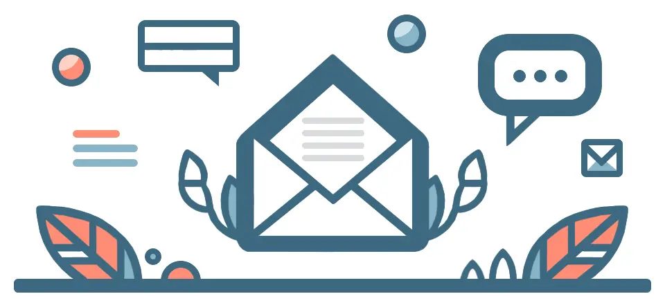 An illustration of a large mail envelope surrounded by leaves, symbolizing communication and contact.